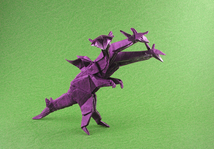 Origami Dragon - 3 headed by Jose Anibal Voyer. Folded from a square of double-sided Unryu paper by Gilad Aharoni on giladorigami.com
