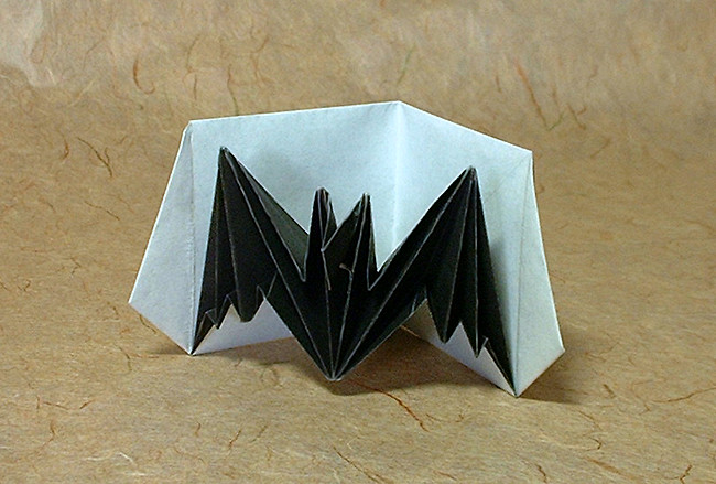 Origami Bat pop-up card by Jeremy Shafer. Folded from a square of origami paper by Gilad Aharoni on giladorigami.com