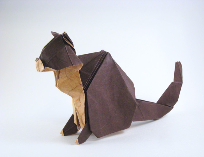 Origami Cat by Fumiaki Kawahata. Folded from a square of double-sided mulberry paper by Gilad Aharoni on giladorigami.com