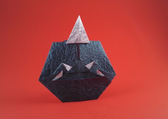 Origami Demon mask by Kunihiko Kasahara. Folded from a square of Momigami by Gilad Aharoni on giladorigami.com