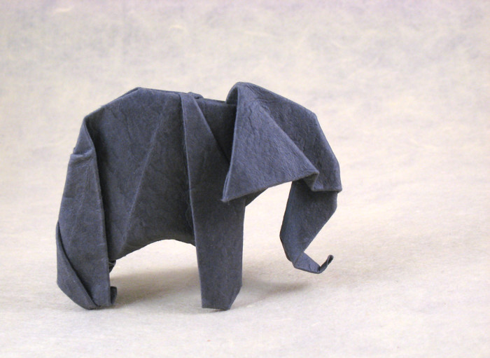 Origami Elephant by Robert J. Lang. Wet-folded from a square of Wyndstone Mica Charcoal paper by Gilad Aharoni on giladorigami.com