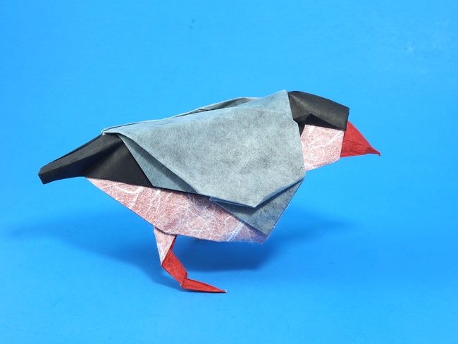 Origami Java sparrow by Kyohei Katsuta Folded from a square of Duo Thai origami paper and a square of Shadow Thai origami paper by Gilad Aharoni on www.giladorigami.com