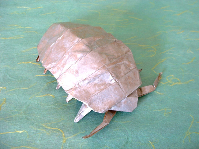 Origami Pillbug by Robert J. Lang. Folded from a painted square of thin brown wrapping paper by Gilad Aharoni on giladorigami.com