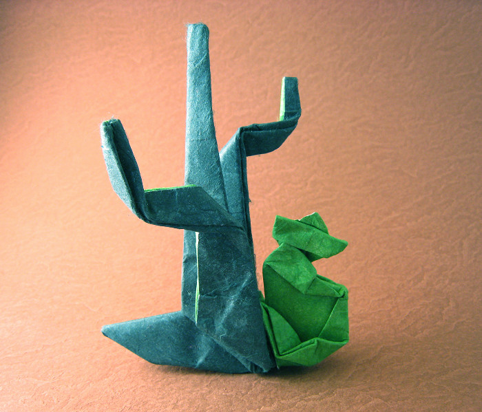 Origami Siesta - man with cactus by Neal Elias. Wet-folded from a square of double-sided mulberry paper by Gilad Aharoni on giladorigami.com