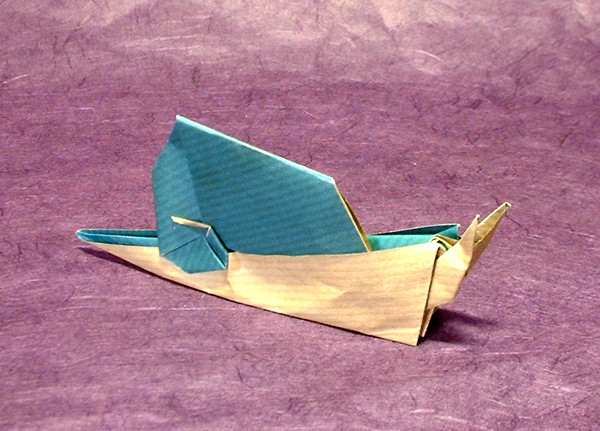 Origami Snail by Robert J. Lang. Folded from a square of Kraft origami paper by Gilad Aharoni on giladorigami.com