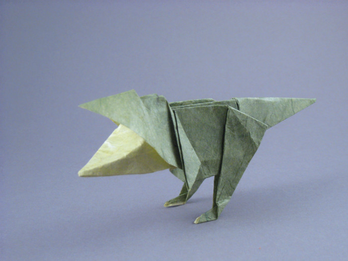 Origami Tyrannosaurus - baby by Issei Yoshino. Wet-folded from a square of double-sided Unryu paper by Gilad Aharoni on giladorigami.com