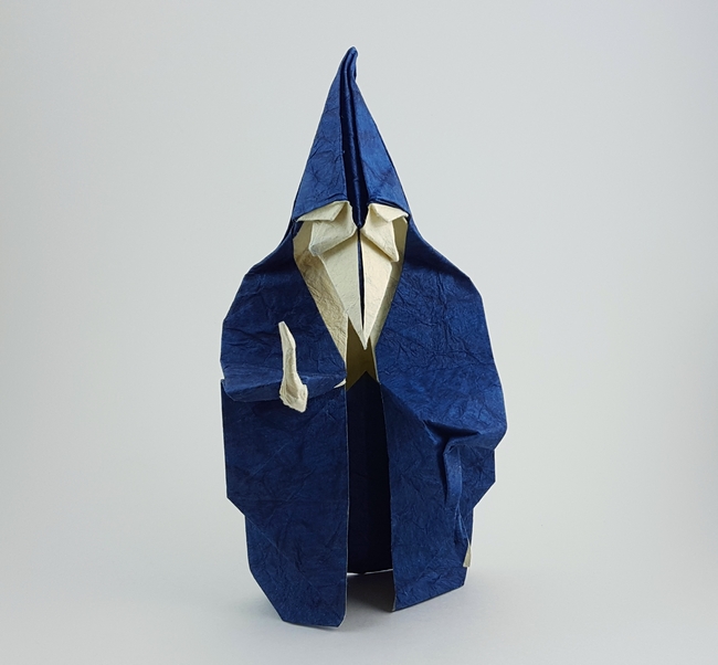 Origami Wizard by Yoo Tae Yong. Folded from a square of Crinkle Blue scrapbooking paper by Gilad Aharoni on giladorigami.com